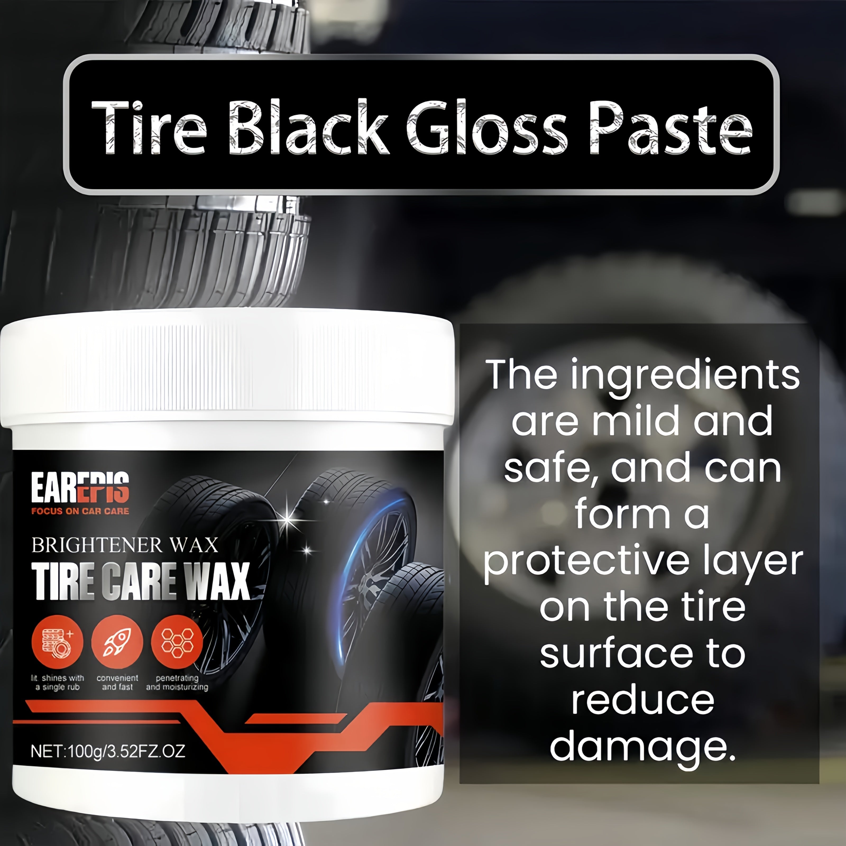 Cera brillante para neumáticos con aceite de coco, aplicador de esponja, mejora el brillo del plástico