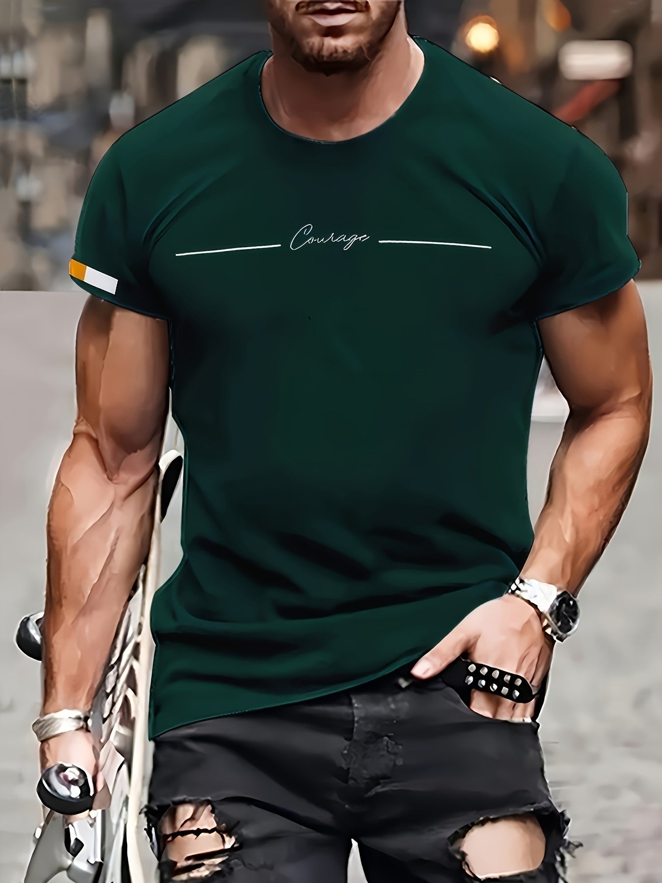 Men's Green Crew Neck T-Shirt with 3D Digital Letter Print Breathable Polyester Summer Short Sleeve Sports Streetwear