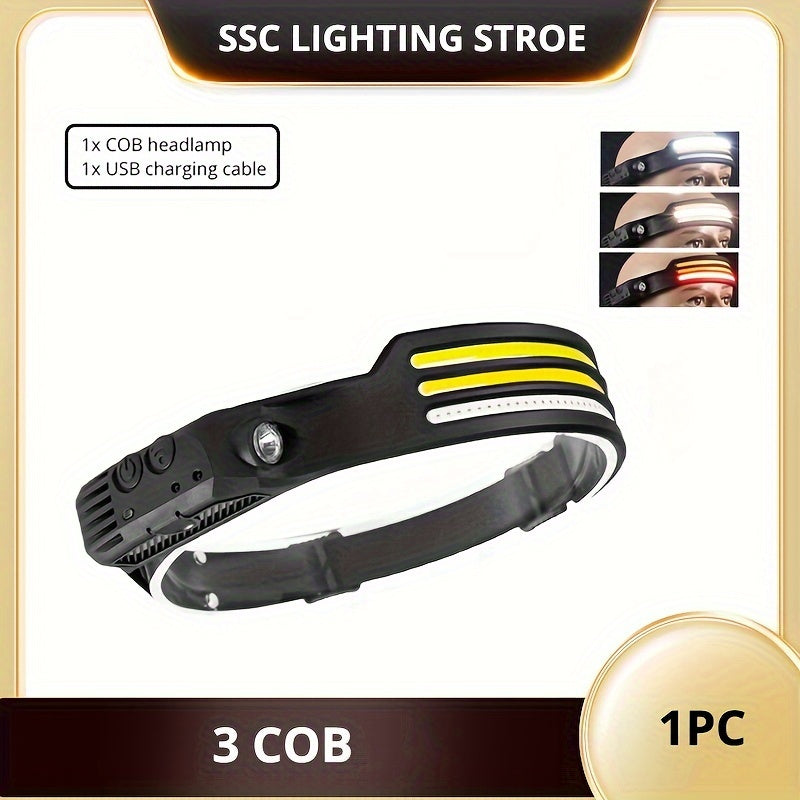 USB Rechargeable LED Headlamp with Motion Sensor for Camping Hiking Running and Fishing