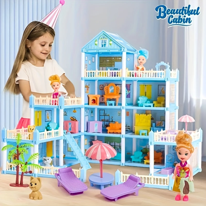 Luxury 4-Story Dollhouse Set with 4 Dolls and Accessories for Children Ages 3+ Pink or Blue