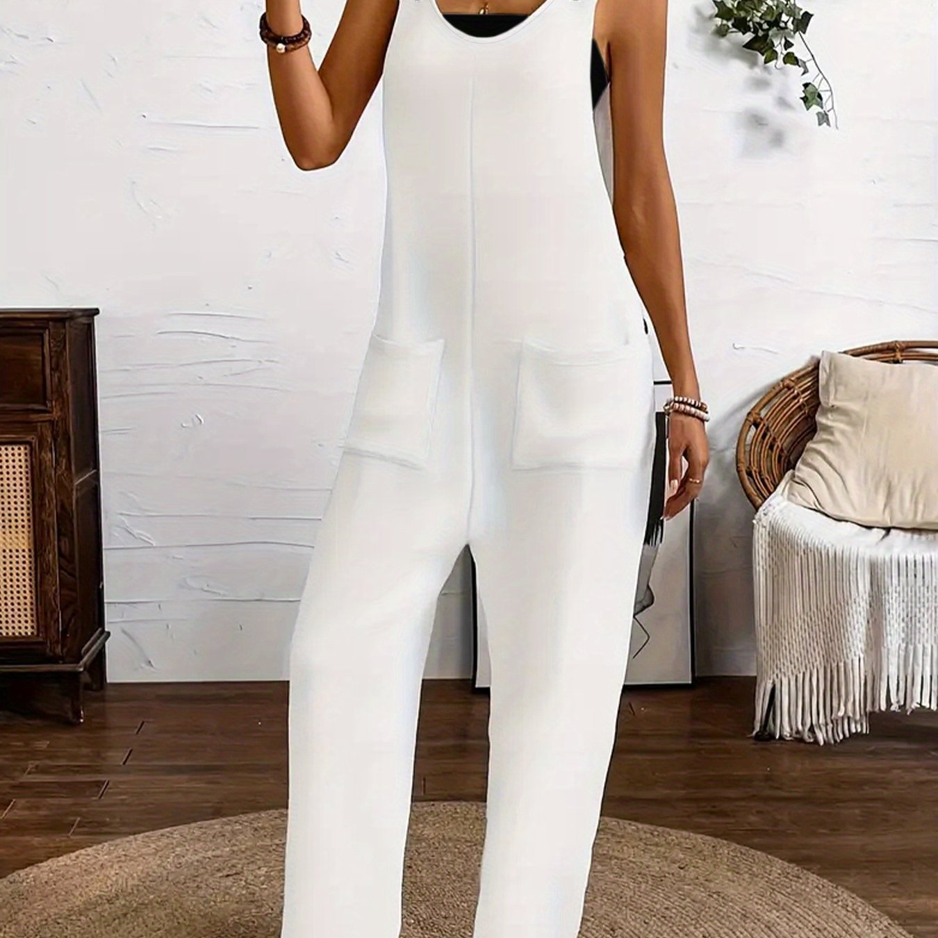 Women's Sleeveless Jumpsuit Solid Purple Wide Leg Pockets Stretchy