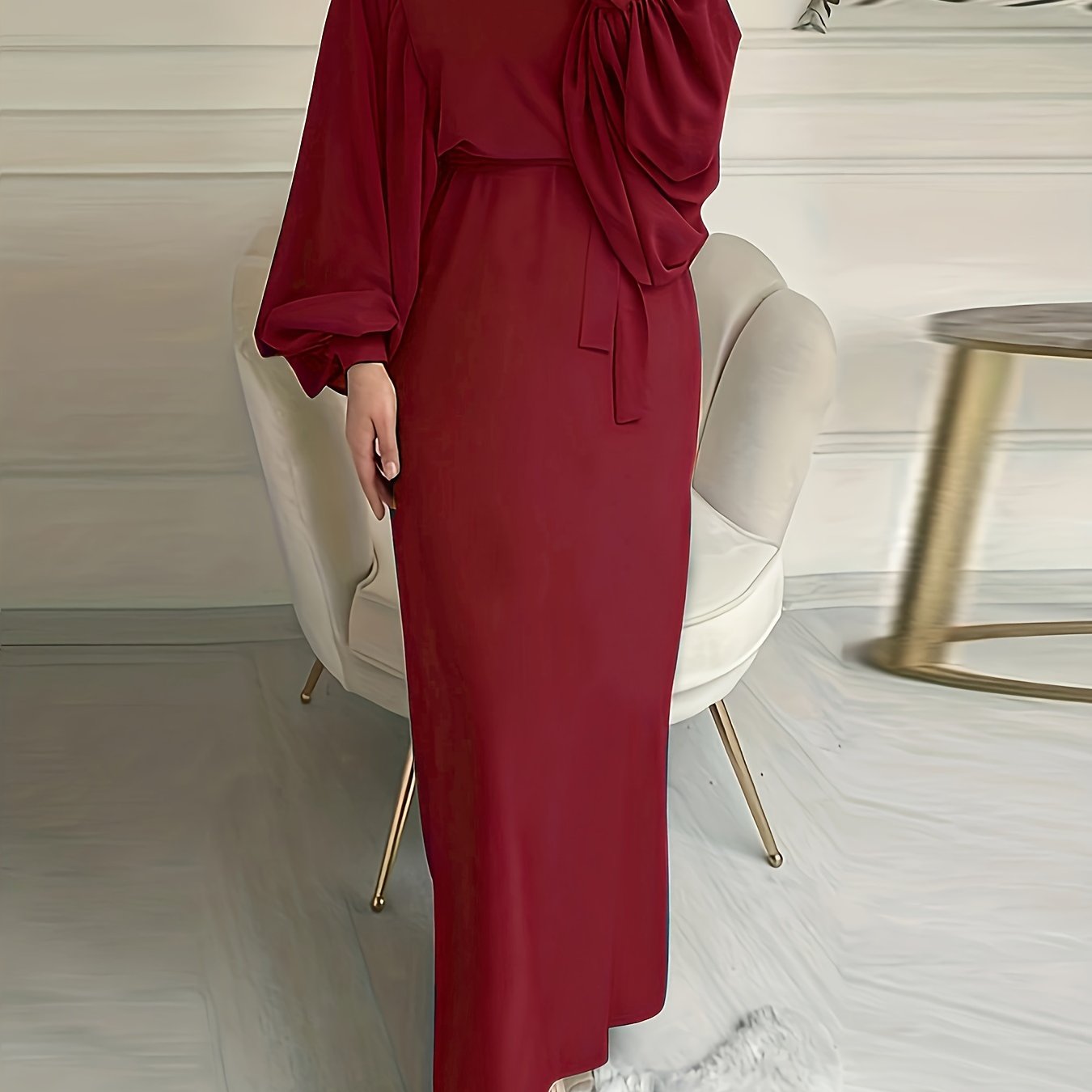 Maxi Abaya Dress with Solid Color Tie Waist Lantern Sleeves for Women
