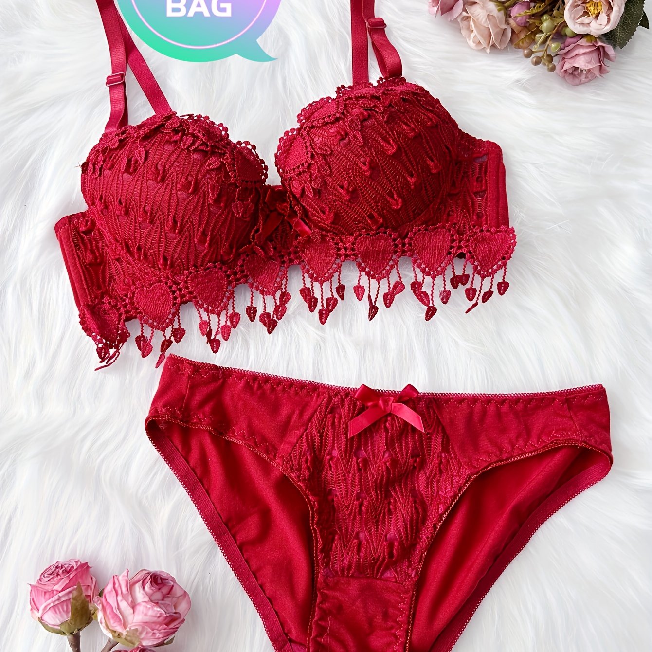 Women Red Heart Embroidery Lingerie Set with Push-Up Bra and Removable Pads