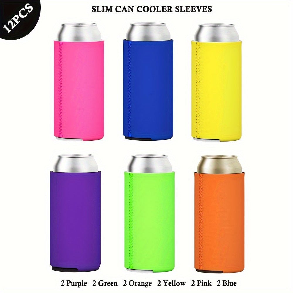 Set of 12 Black Neoprene Slim Can Cooler Sleeves for 12oz Beer and Soda