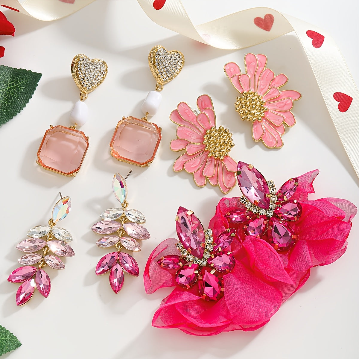 Pink Rhinestone Flower Heart Dangle Earrings for Women Jewelry Gift