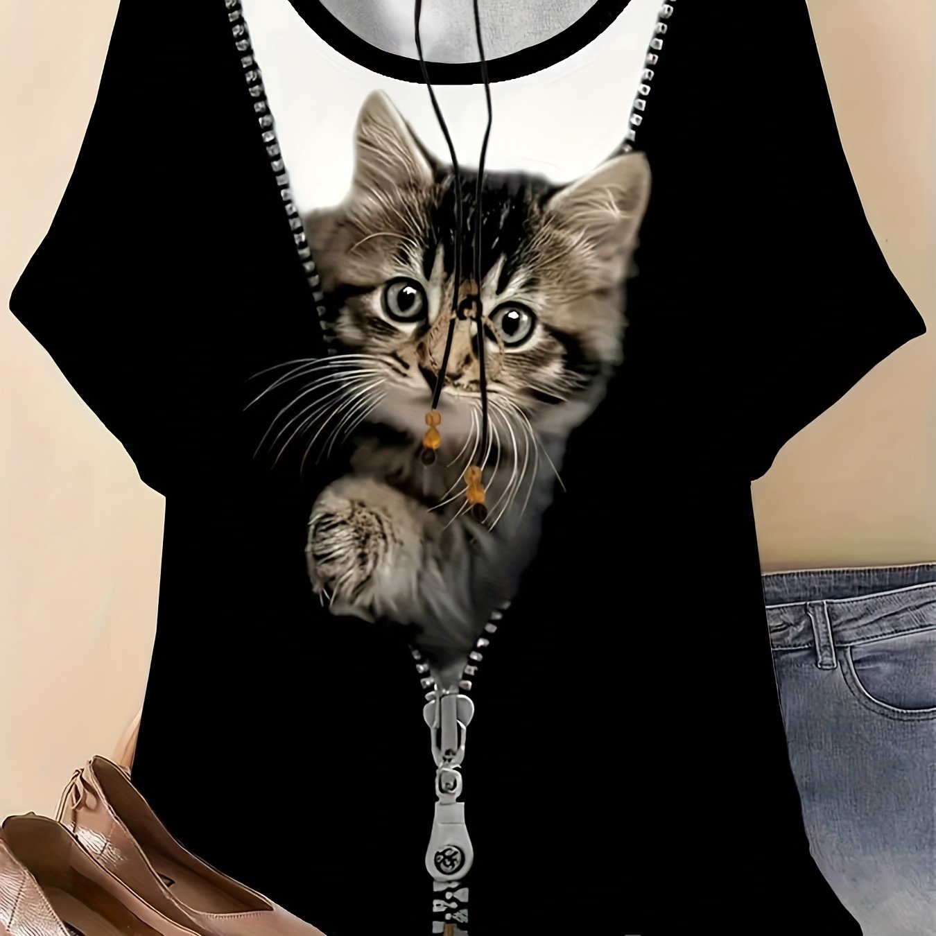 Camiseta de verano de talla grande con estampado de animales y gráfico de gatito de manga corta