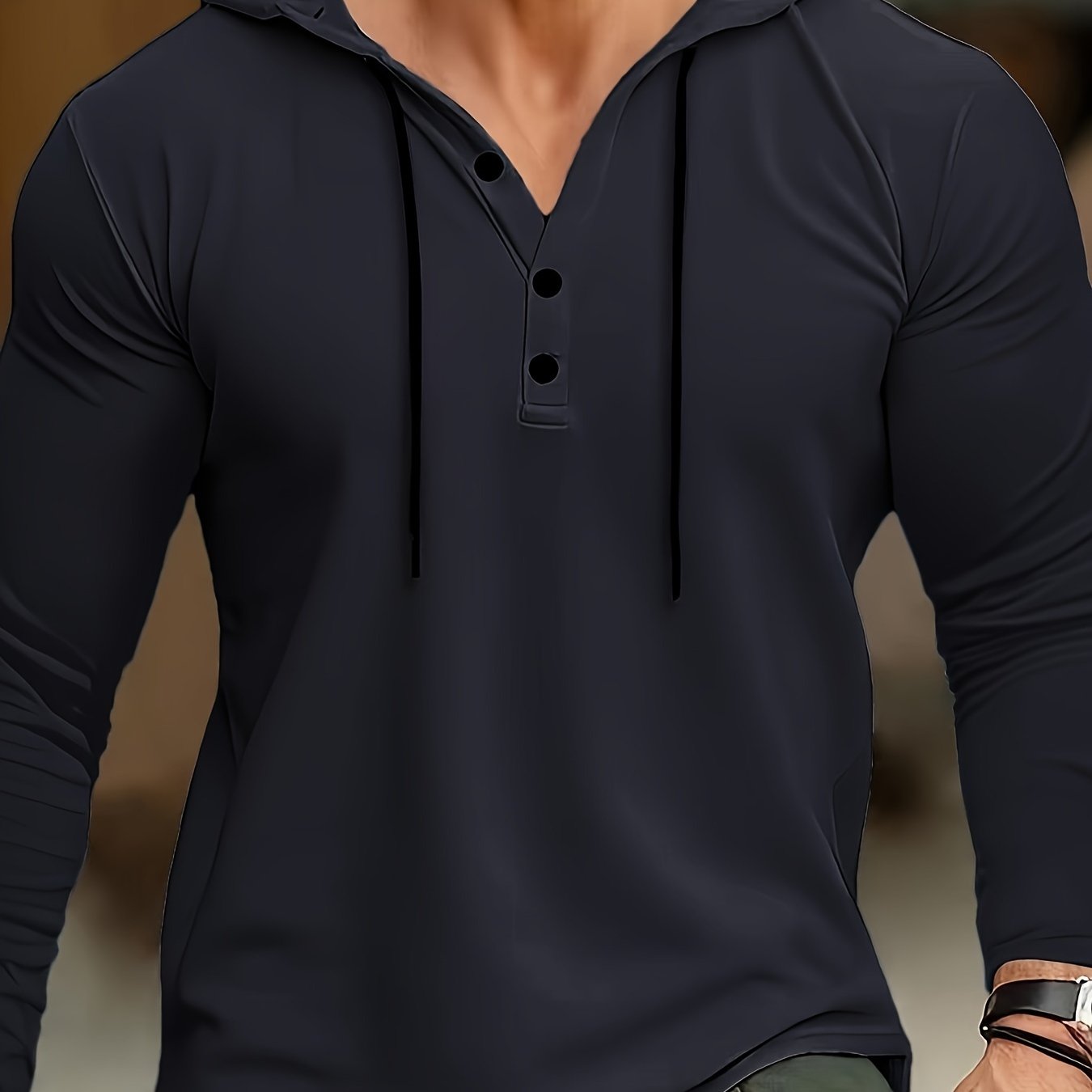 Plus Size Men's Olive Green Hooded Henley Shirt Casual Sporty Cotton Blend