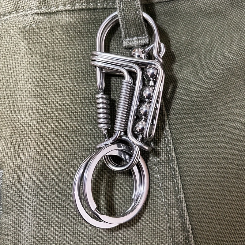 Men's Stainless Steel Keychain with Engraved Bead and Mechanical Buckle