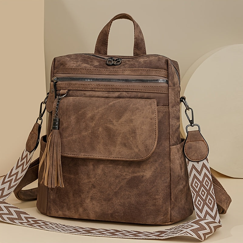 Women's Retro Brown Leather Backpack with Large Capacity and Multiple Zippers