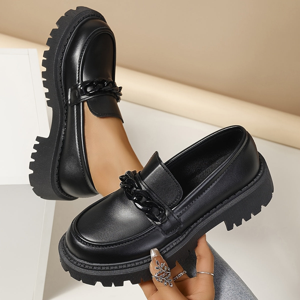 Women Vintage Loafers Black PU Slip-On Flat Shoes with Chain Detail