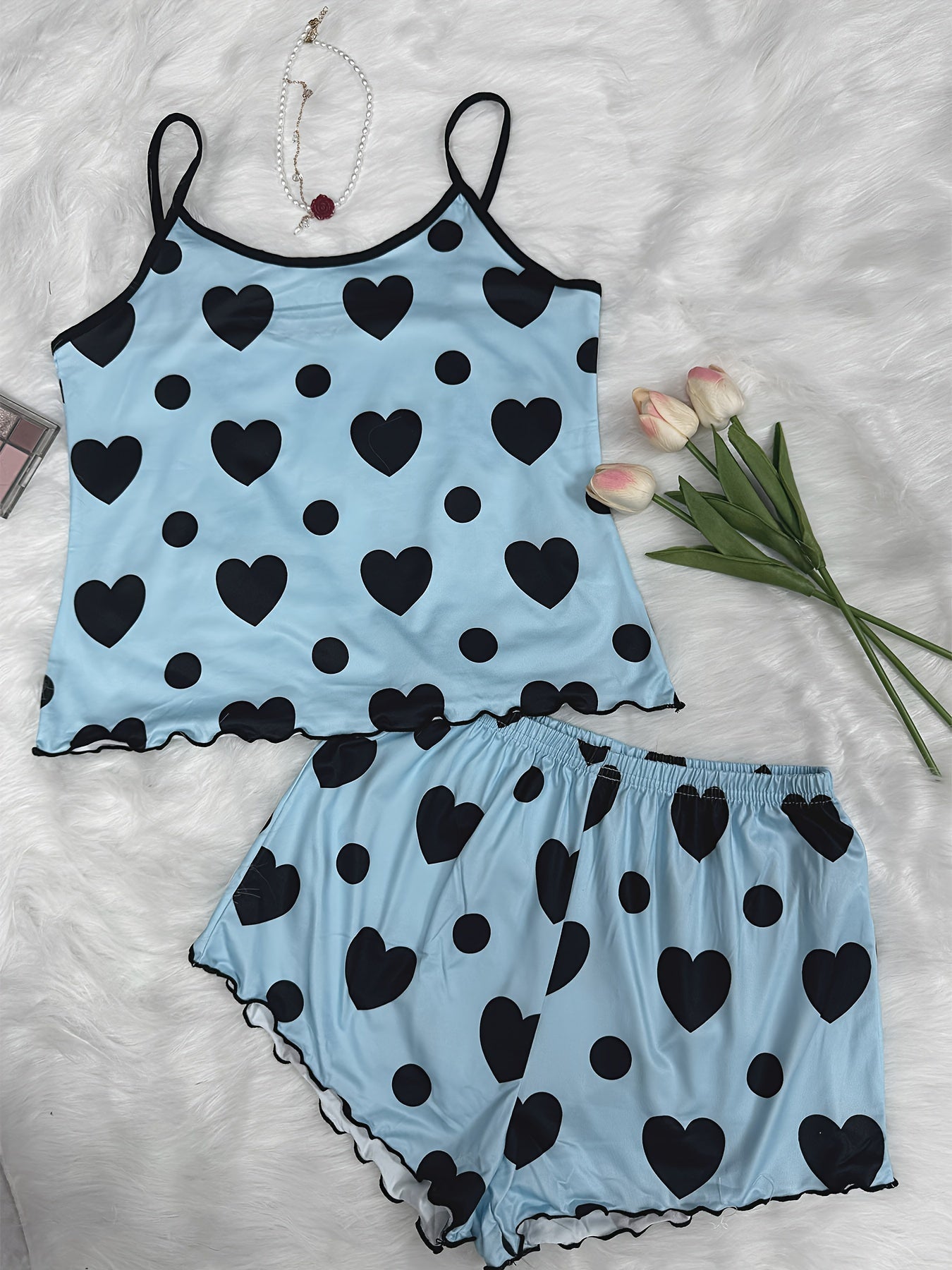 Women's Casual Heart and Polka Dot Print Pajama Set with Crew Neck Backless Cami Top and Elastic Shorts