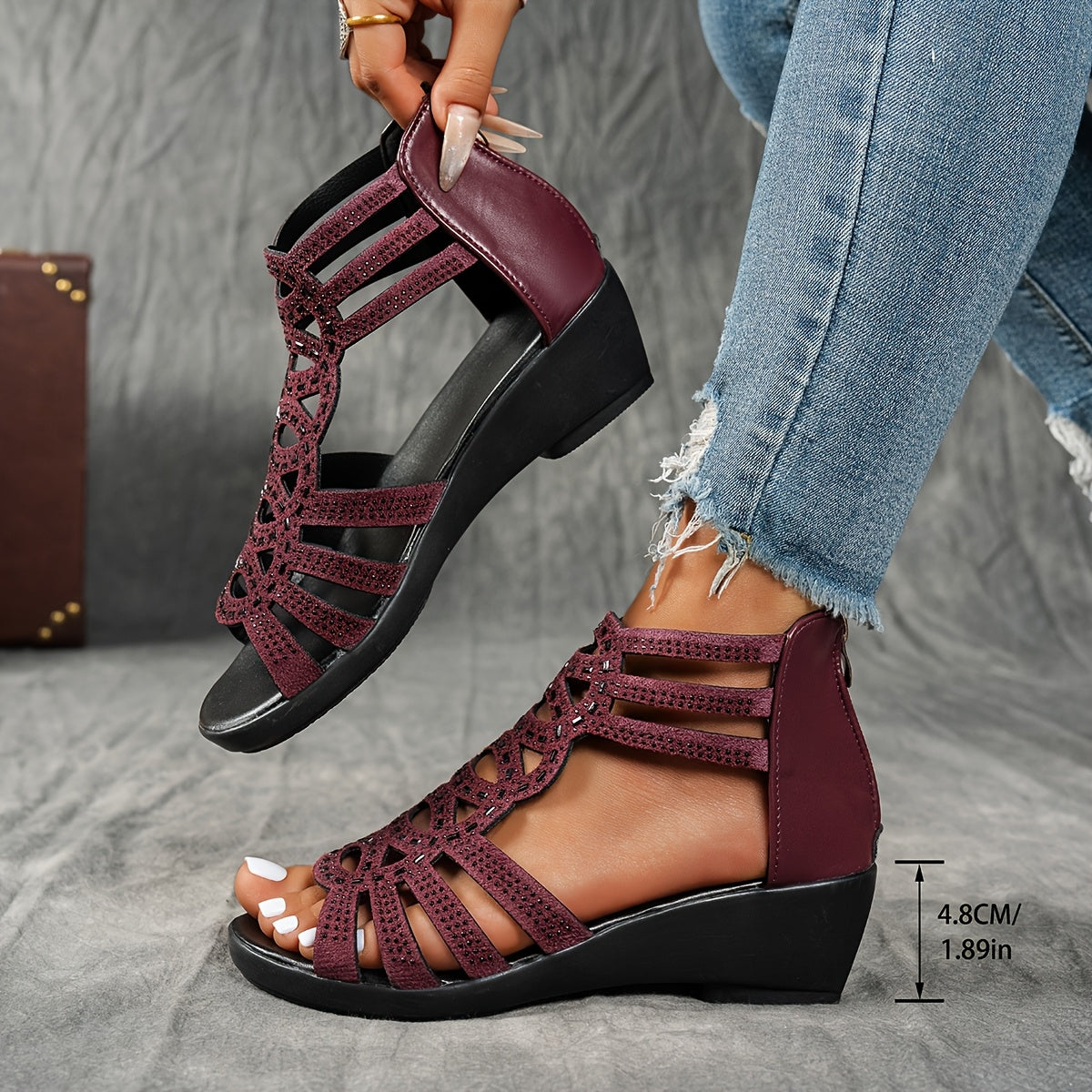 Women's Rhinestone Embellished Open-Toe Ankle Strap Sandals in Black or Beige