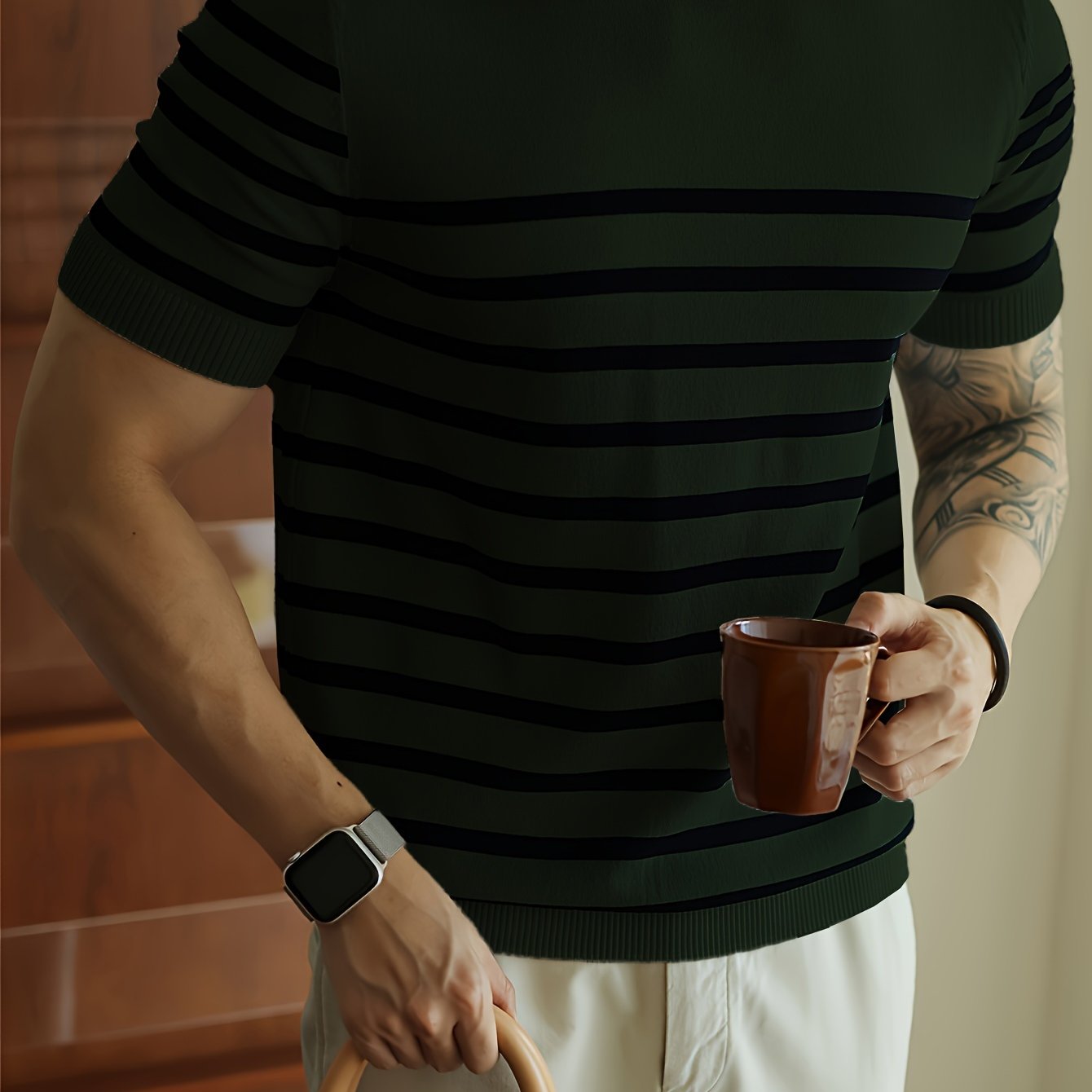 Men's Striped Knit Pullover Lightweight Casual Crew Neck Polyester All-Season