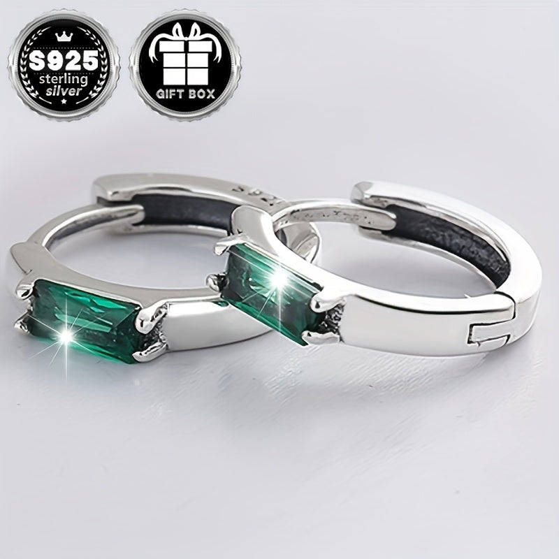 Unisex Sterling Silver Earrings with Green Zirconia Square Inlay