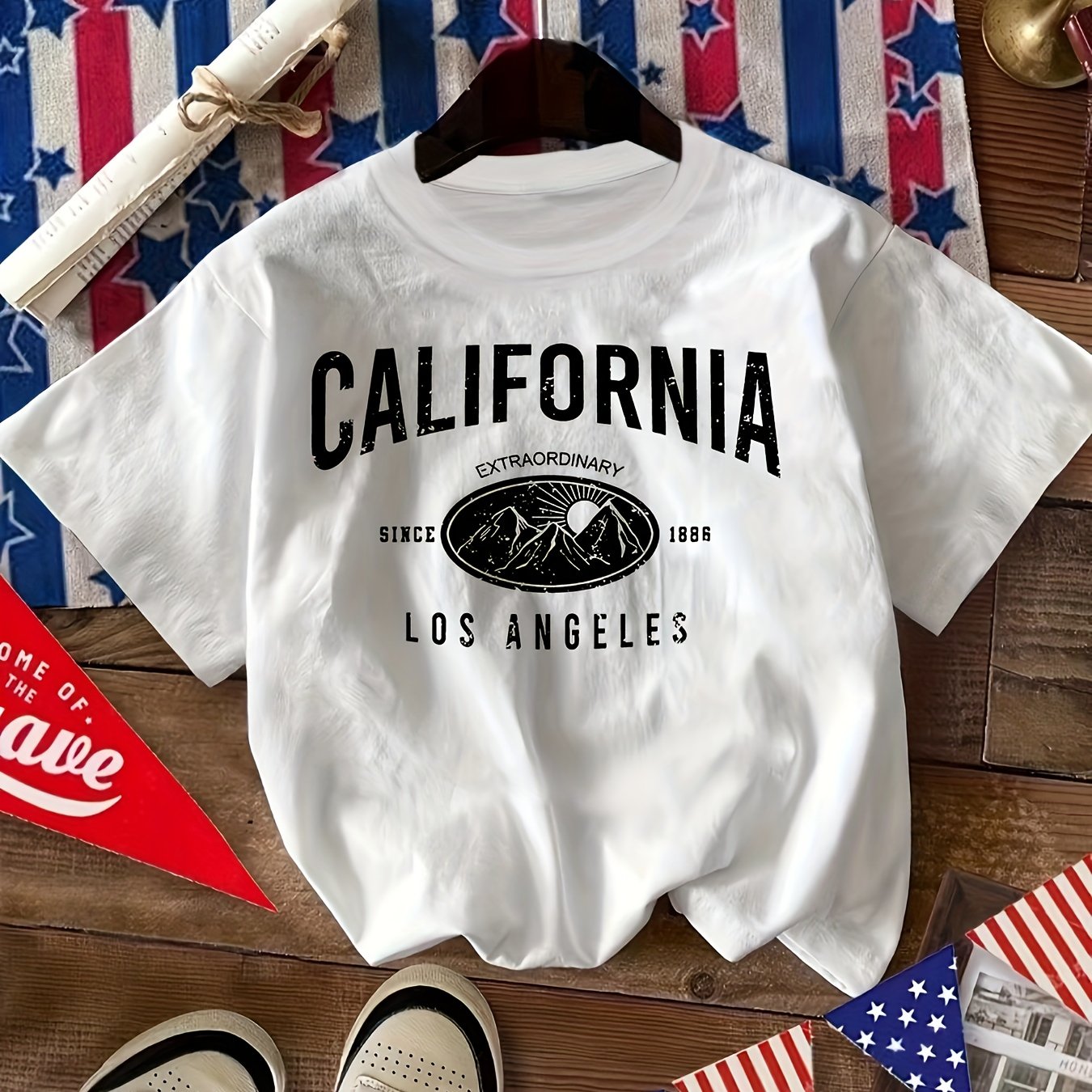 Women’s Polyester California Print T-Shirt Short Sleeve Crew Neck Casual Summer Spring