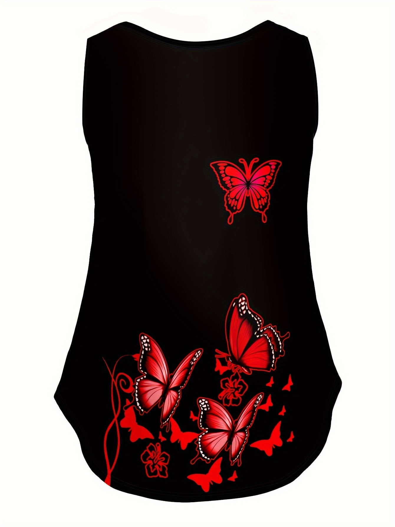 Top sin mangas de talla grande para mujer, negro, con estampado de mariposas y flores en 3D, casual para verano