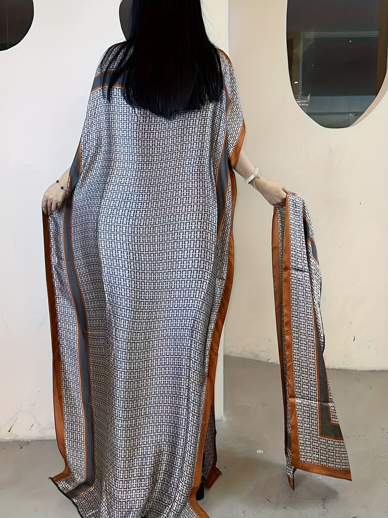 Women's Floral Print Boat Neck Abaya Batwing Sleeves Maxi Dress