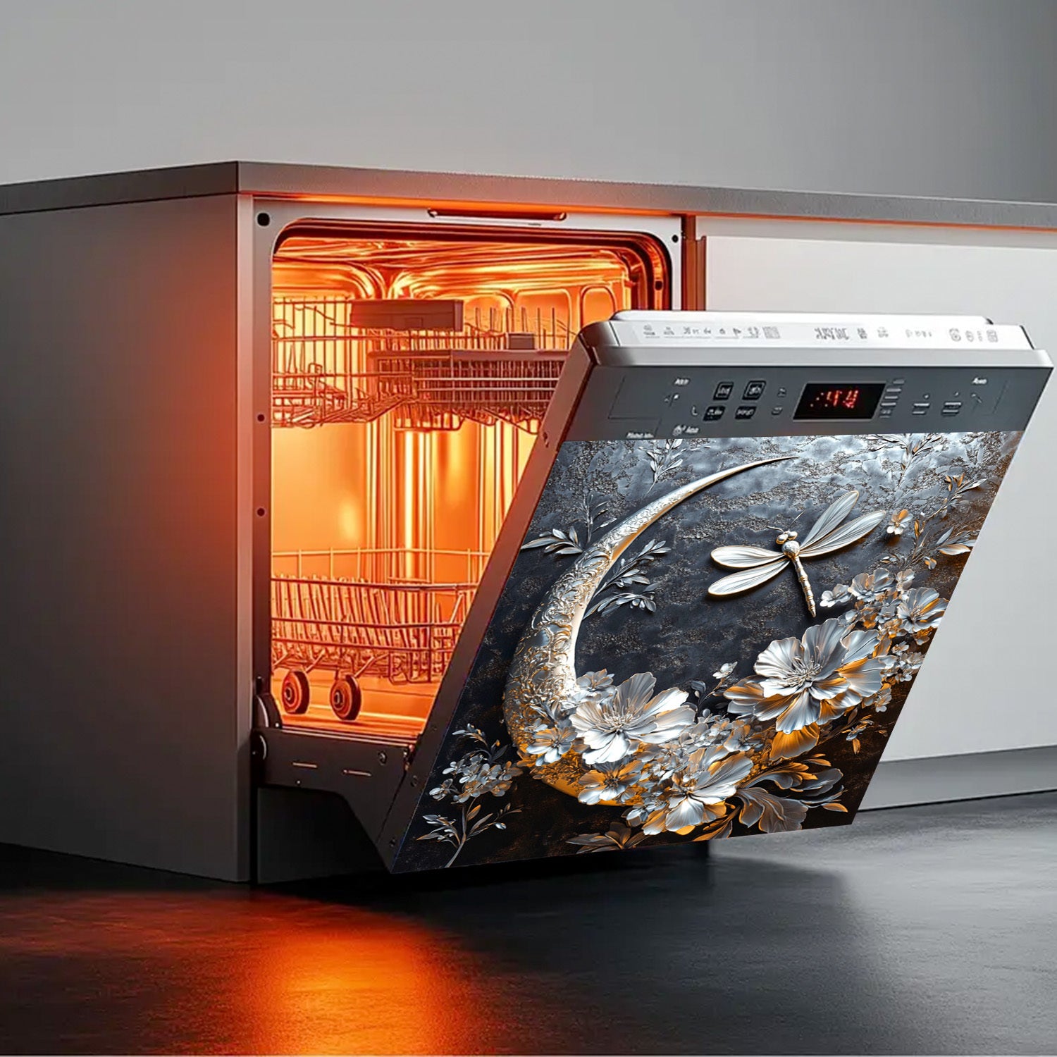 Oltin oy drujba gulchambarli idish yuvish mashinasi magnit qopqog'i suv o'tkazmaydigan issiqqa chidamli PVC stiker 58.5x65 sm oshxona dekoratsiyasi