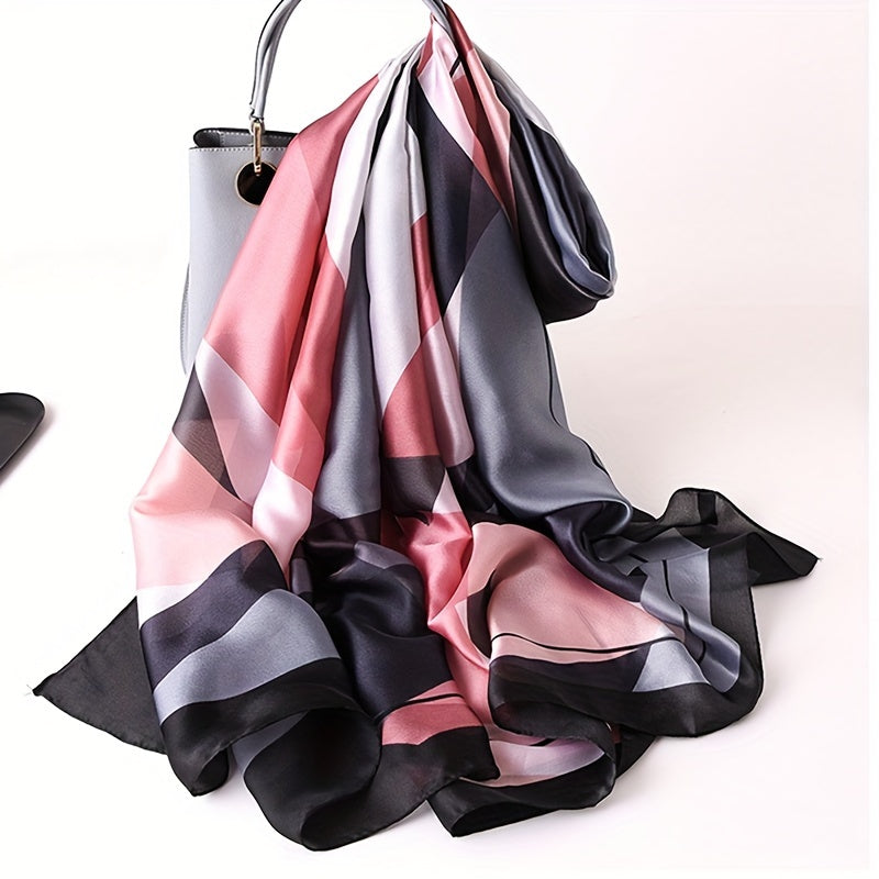 Imitation Silk Rhombus Print Scarf Large Geometric Shawl Breathable Head Wrap for Women