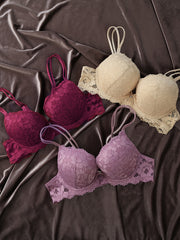 Women's Lace Push-Up Bra Full Coverage Underwire Non-Padded Black White Blue