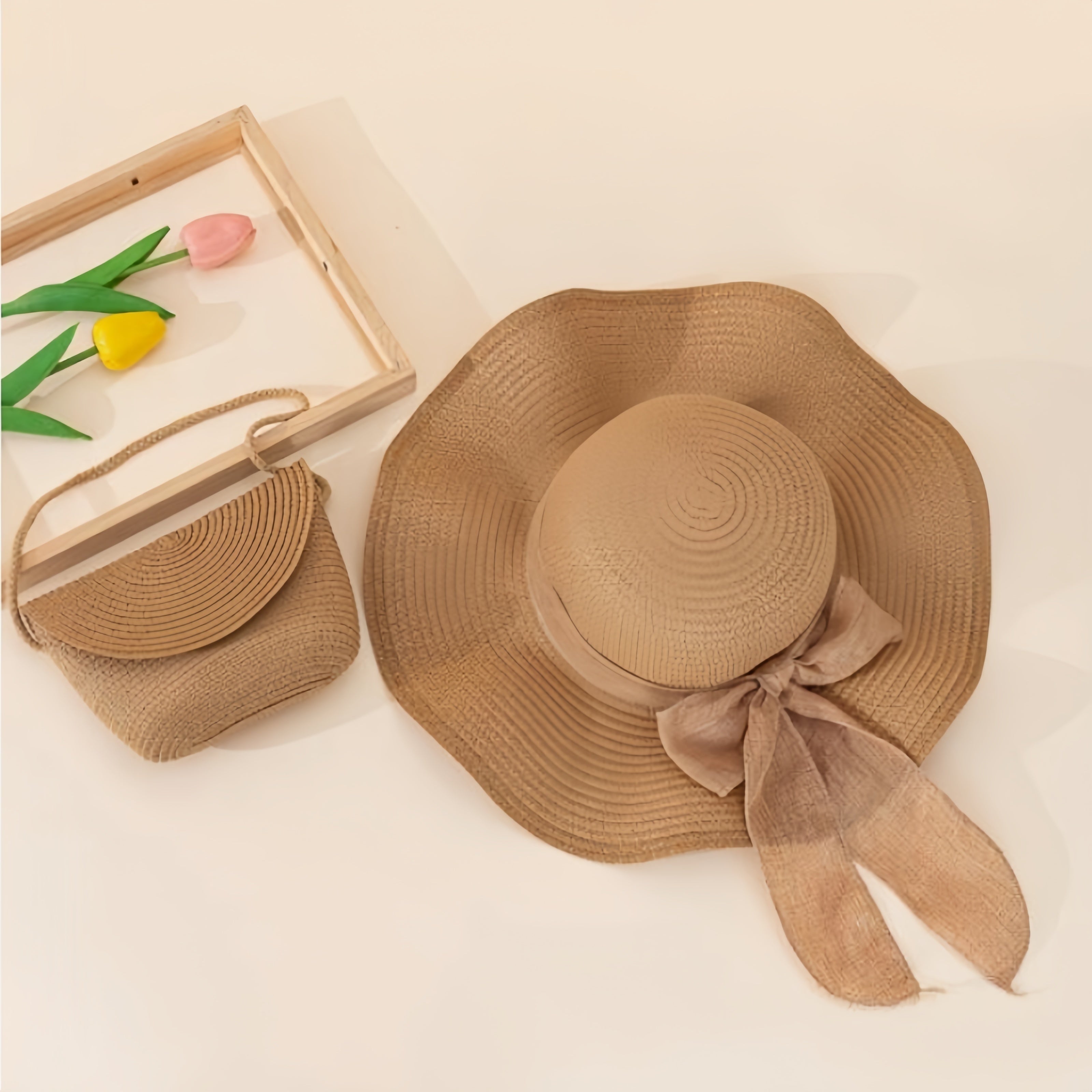Women's Khaki Beach Sun Hat and Woven Shoulder Bag Set for Spring Summer Vacation