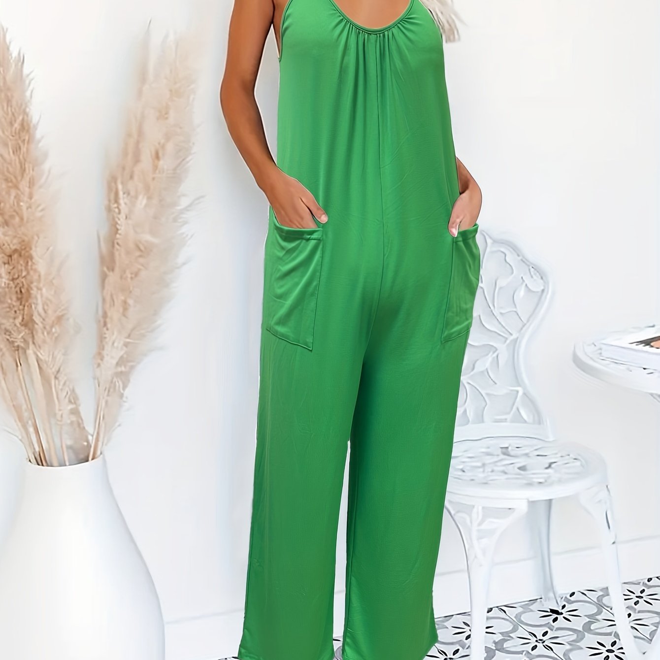 Plus Size Women's Casual Jumpsuit Solid T-Shirt Style Wide Leg With Pockets