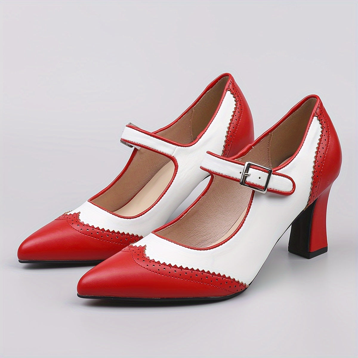 Women's Leather Pointed Toe Pumps Vintage Chunky Heel Formal Shoes
