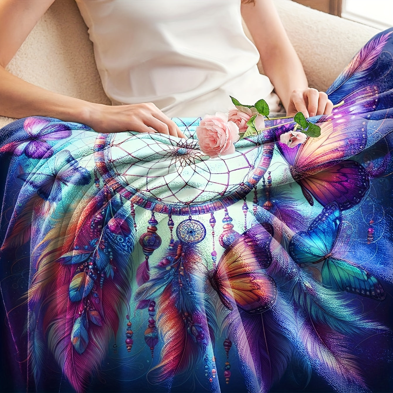 Multicolor Flannel Throw Blanket with Dreamcatcher and Butterfly Prints for Home and Travel