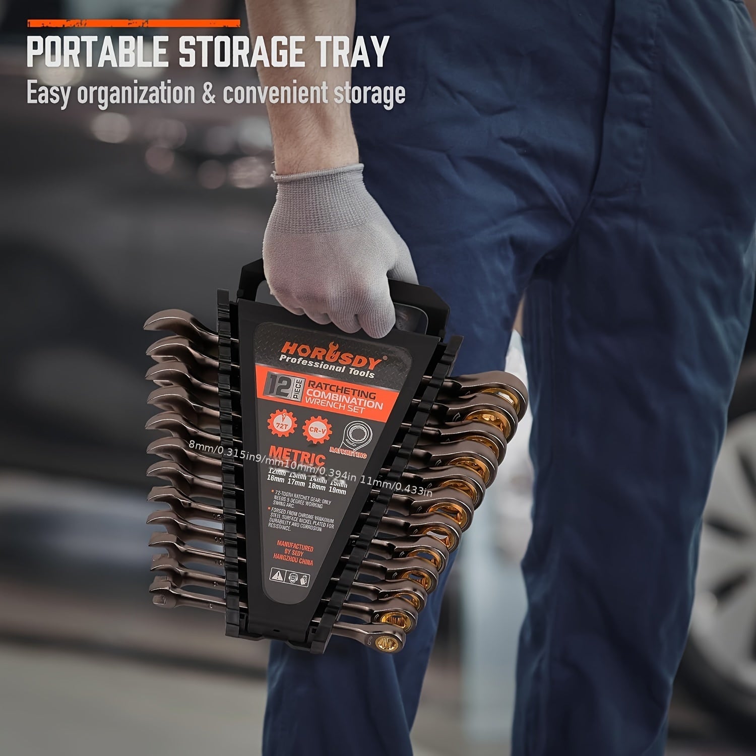 Juego de 12 llaves de carraca métricas 8-19mm de acero cromo vanadio resistente a la oxidación