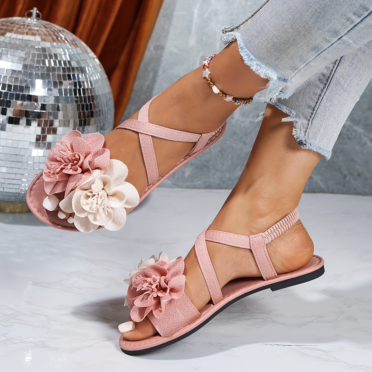 Women’s 3D Floral Cross Strap Sandals Open-Toe Slip-On Casual Formal