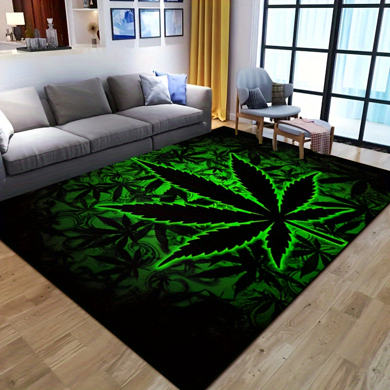 Black Background Fluorescent Marijuana Leaves Felt Rug 1000g/m² Machine Washable Multiple Sizes