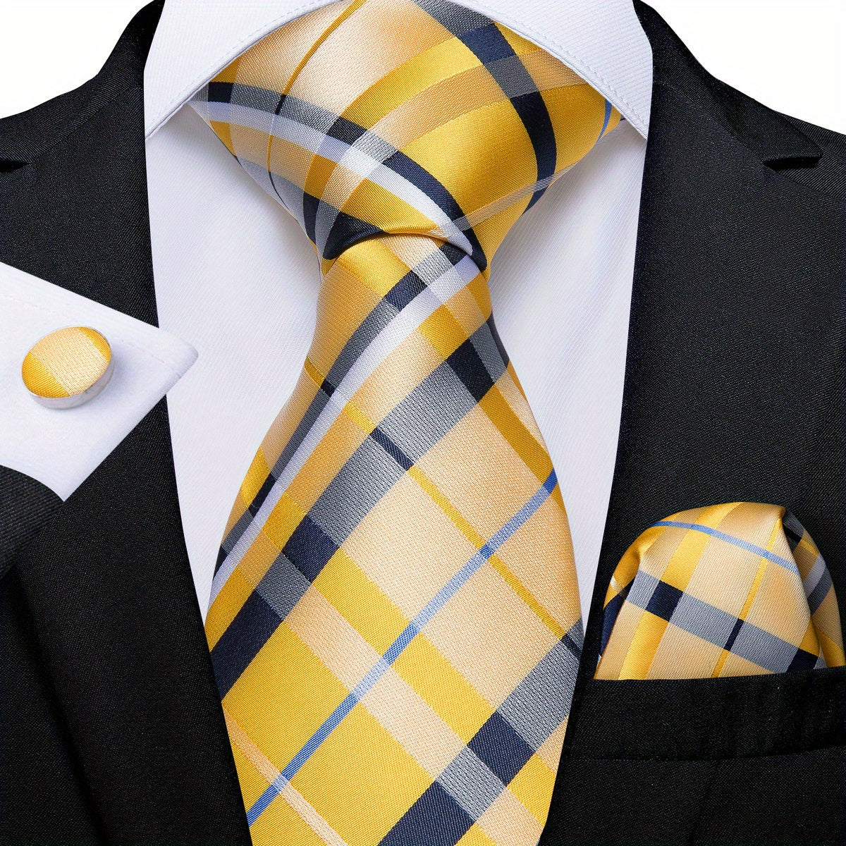 Men's Blue and Yellow Striped Tie Set with Cufflinks and Handkerchief for Business and Gift