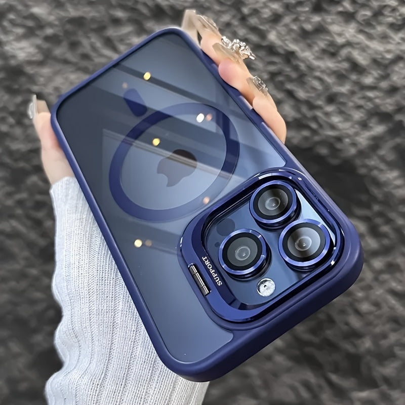 Магнитный металлический каркас для телефона с линзой для iPhone 11-16, акриловая противоударная оболочка с подставкой и беспроводной зарядкой