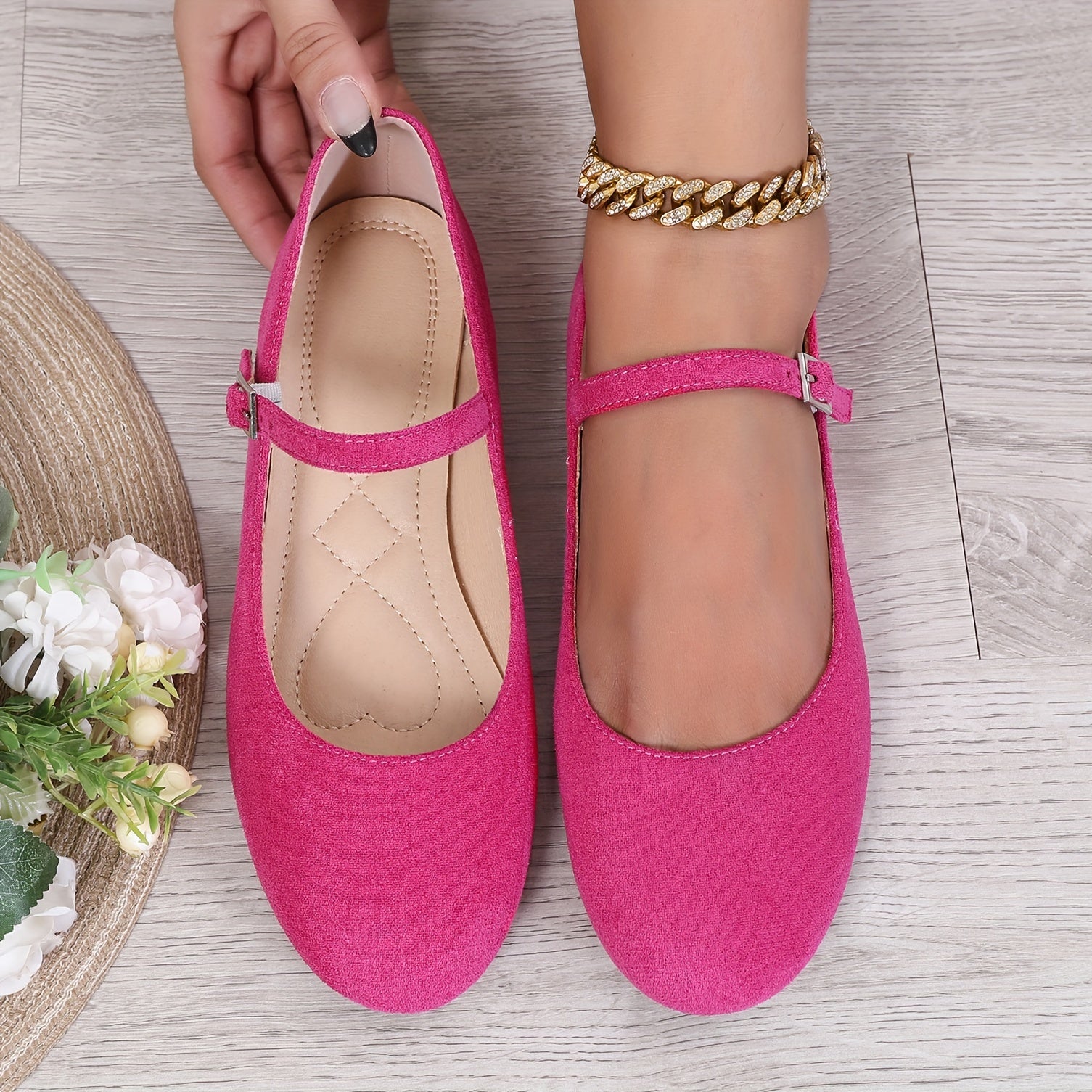 Women's Flat Shoes Buckle Strap Solid Color Ballet Flats