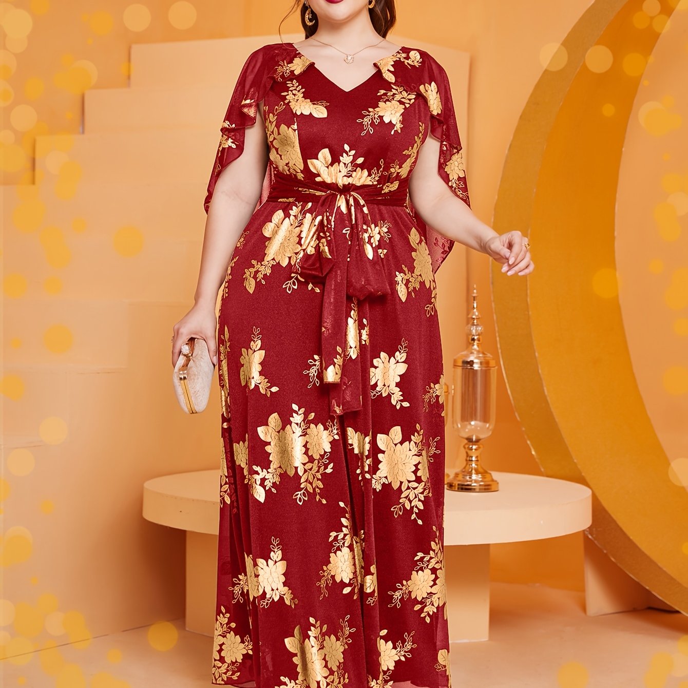 Plus Size Women's Maxi Dress V-Neck Floral Print Sleeveless Burgundy Golden All-Season Formal Evening