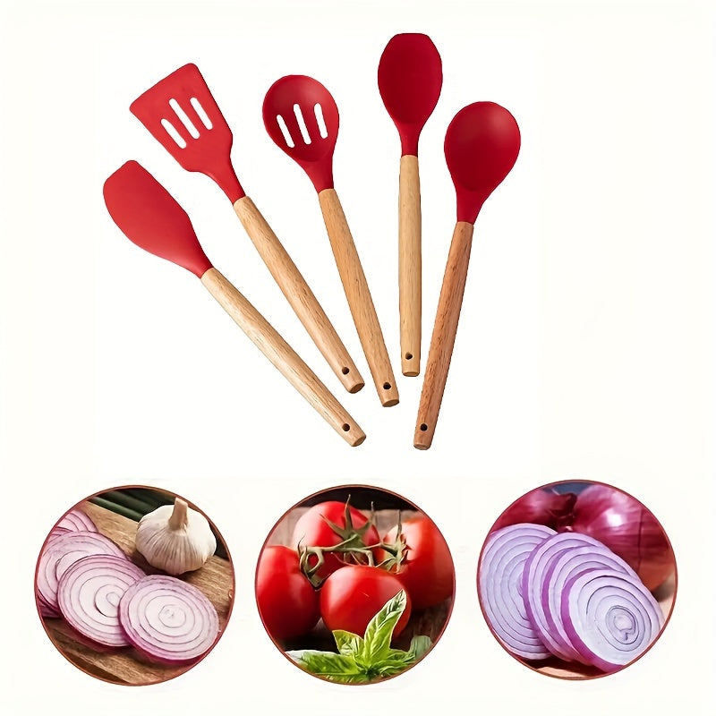 Set of 5 Non-Stick Kitchen Utensils with Wooden Handles for Frying and Cooking