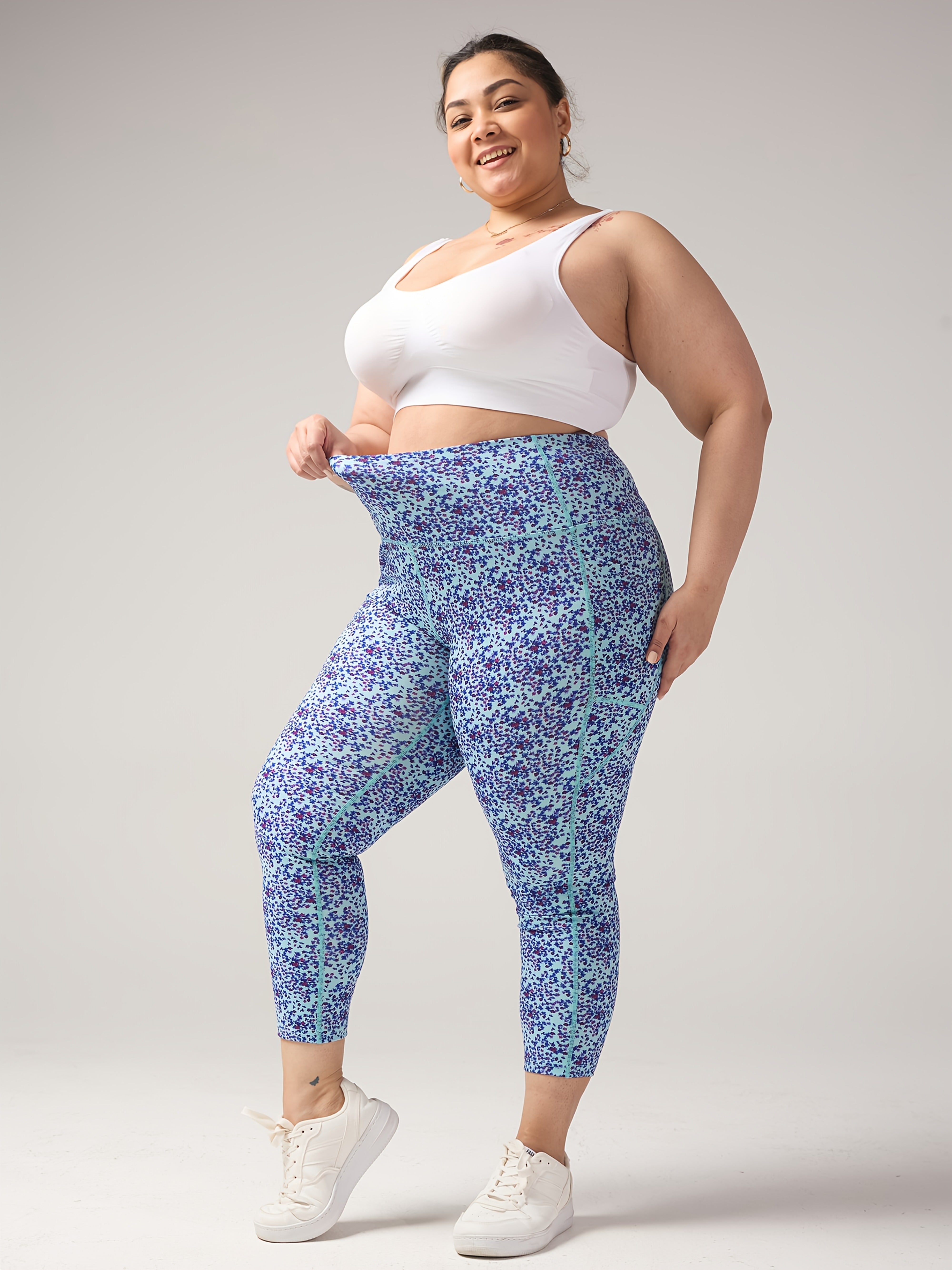Plus-Size Floral Cropped Pants for Women High-Waisted Tummy Control