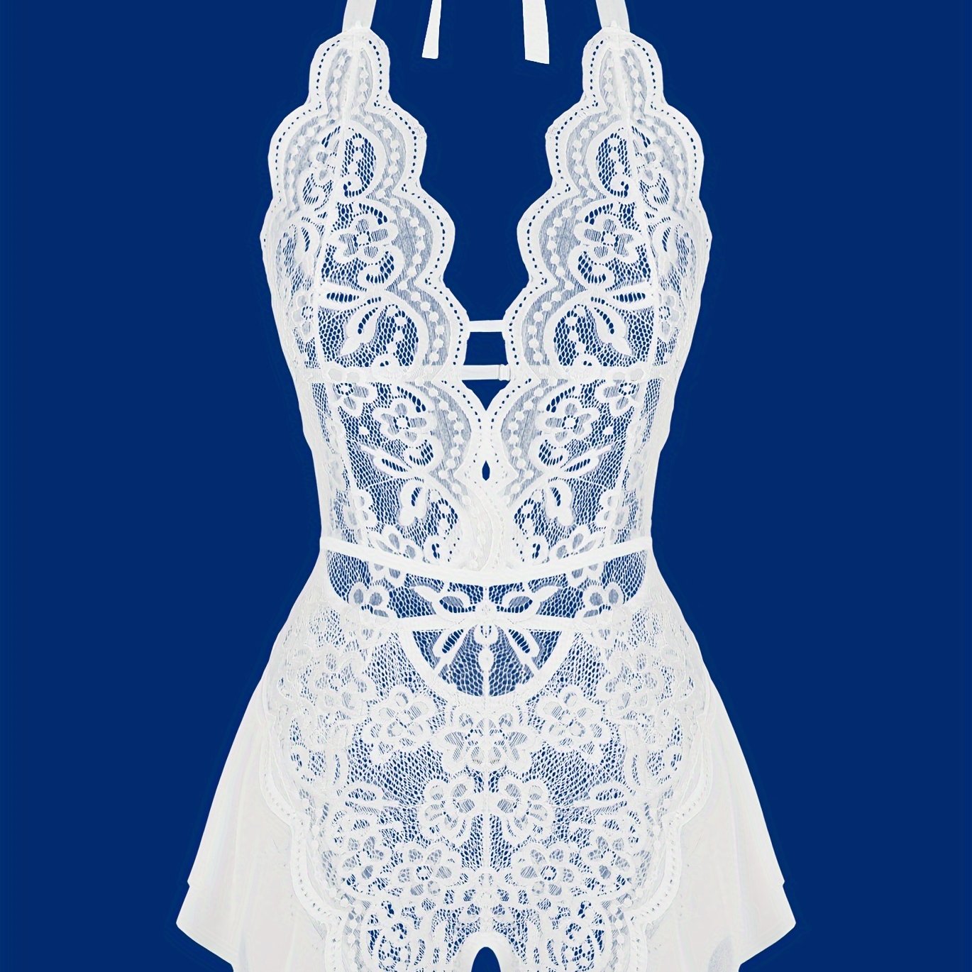 Zarif dantel halter teddy, qirrali bodysuit va murakkab dantel tafsilotlari bilan, yarim shaffof, cho'ziluvchan polyester va spandeks aralashmasidan tayyorlangan. Romantik kechalar uchun mukammal va mashinada yuvish oson.