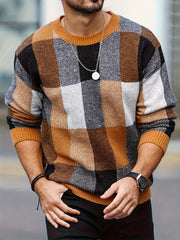 Men's Plaid Viscose Knit Sweater Crew Neck Fall Winter Regular Fit Plus Size