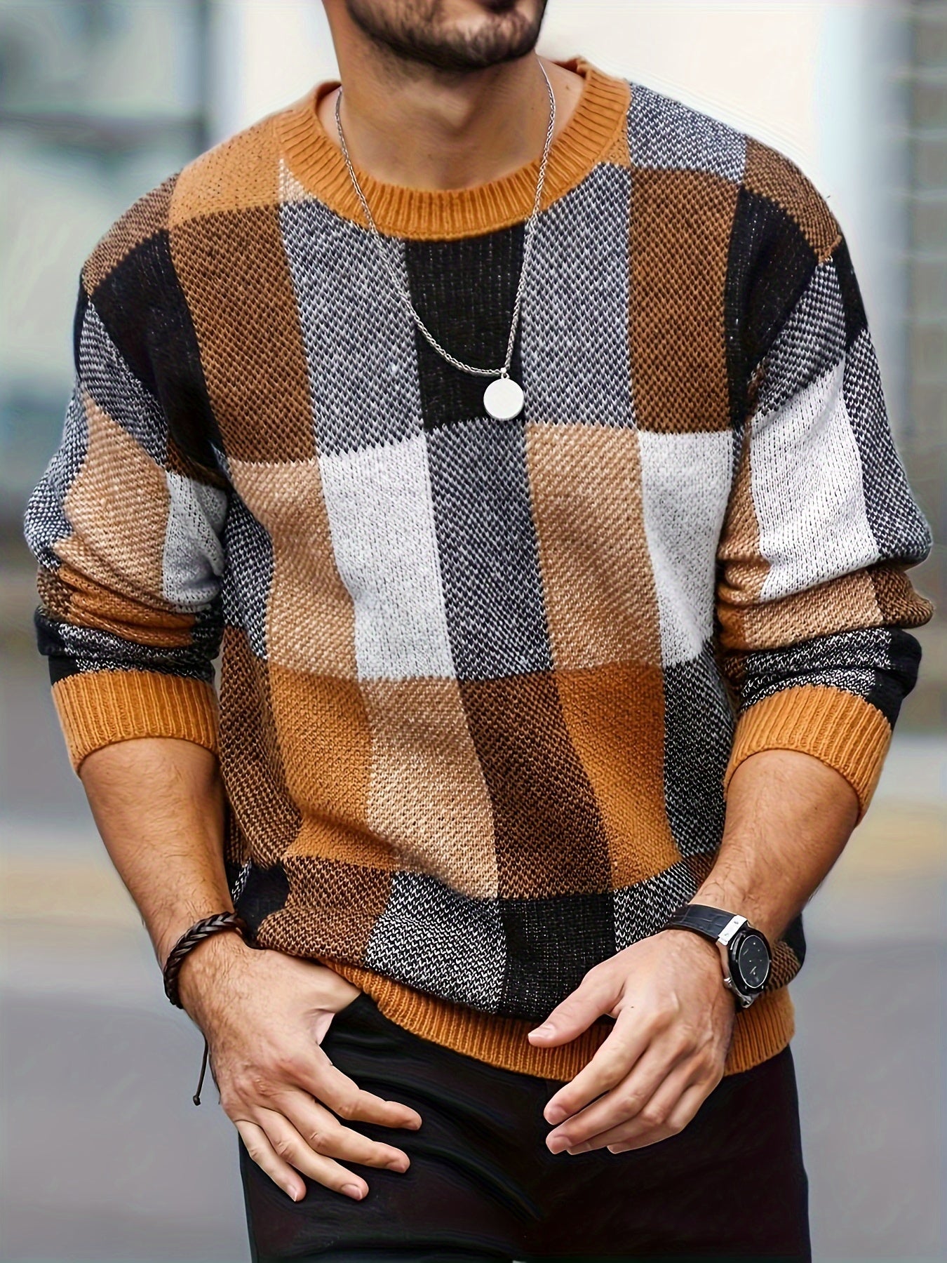 Men's Plaid Viscose Knit Sweater Crew Neck Fall Winter Regular Fit Plus Size