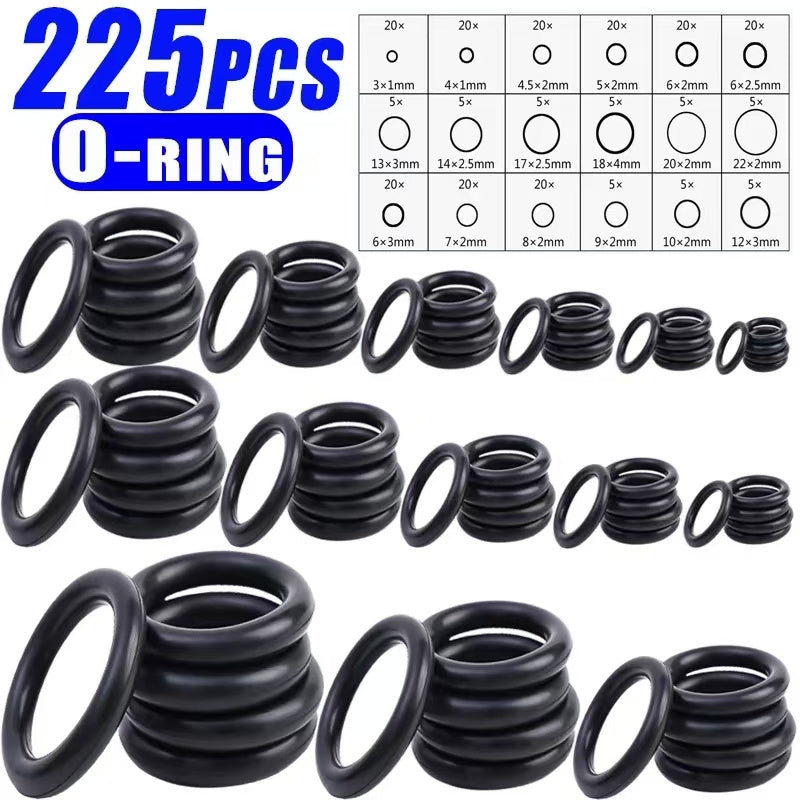 225 dona O-ring assortimenti to'plami, sintetik kauchuk yopinglar, avtomobil texnikasi uchun, 6-18mm