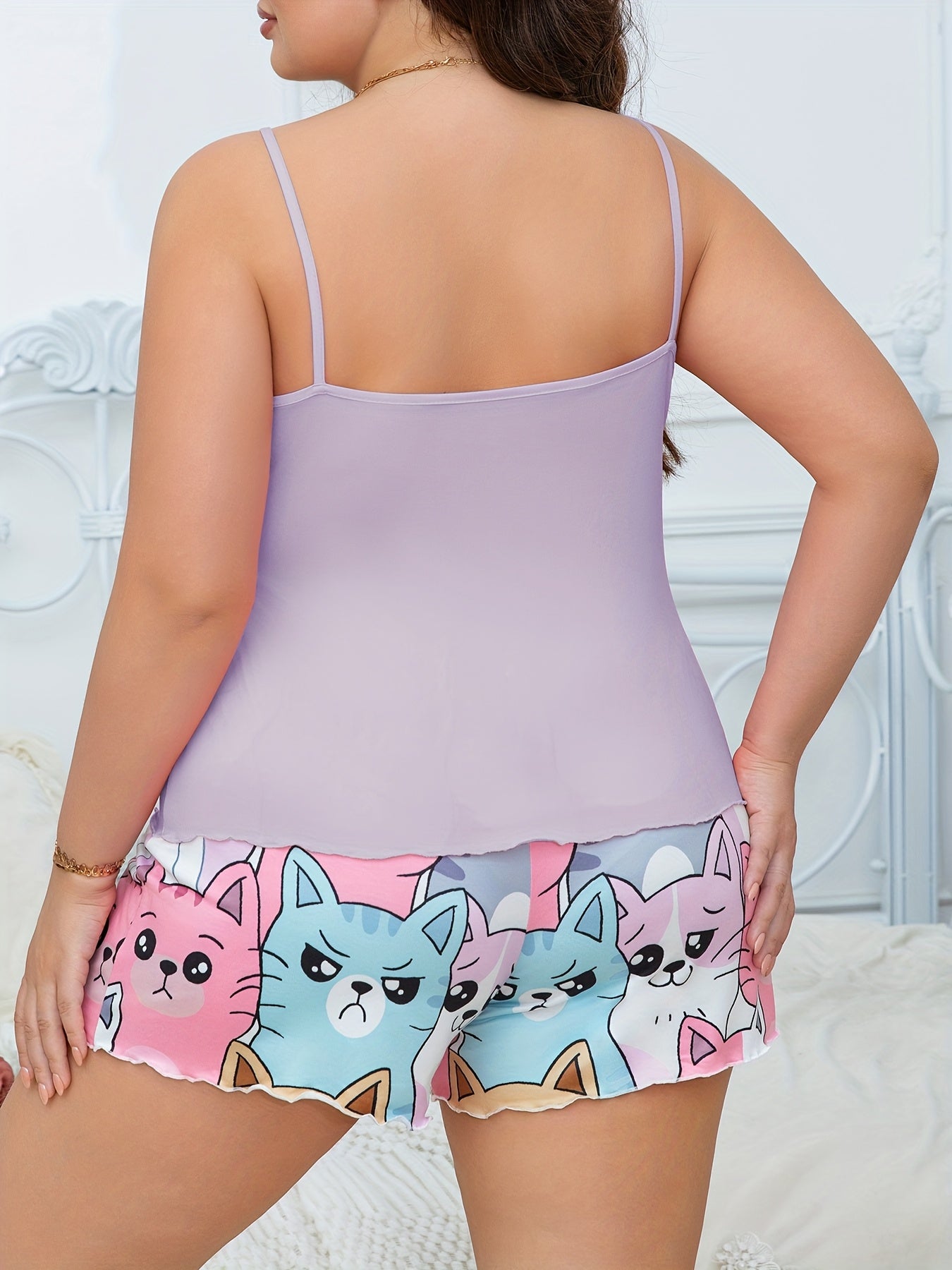 Plus Size Women's Cotton Cat Print Camisole Shorts Set