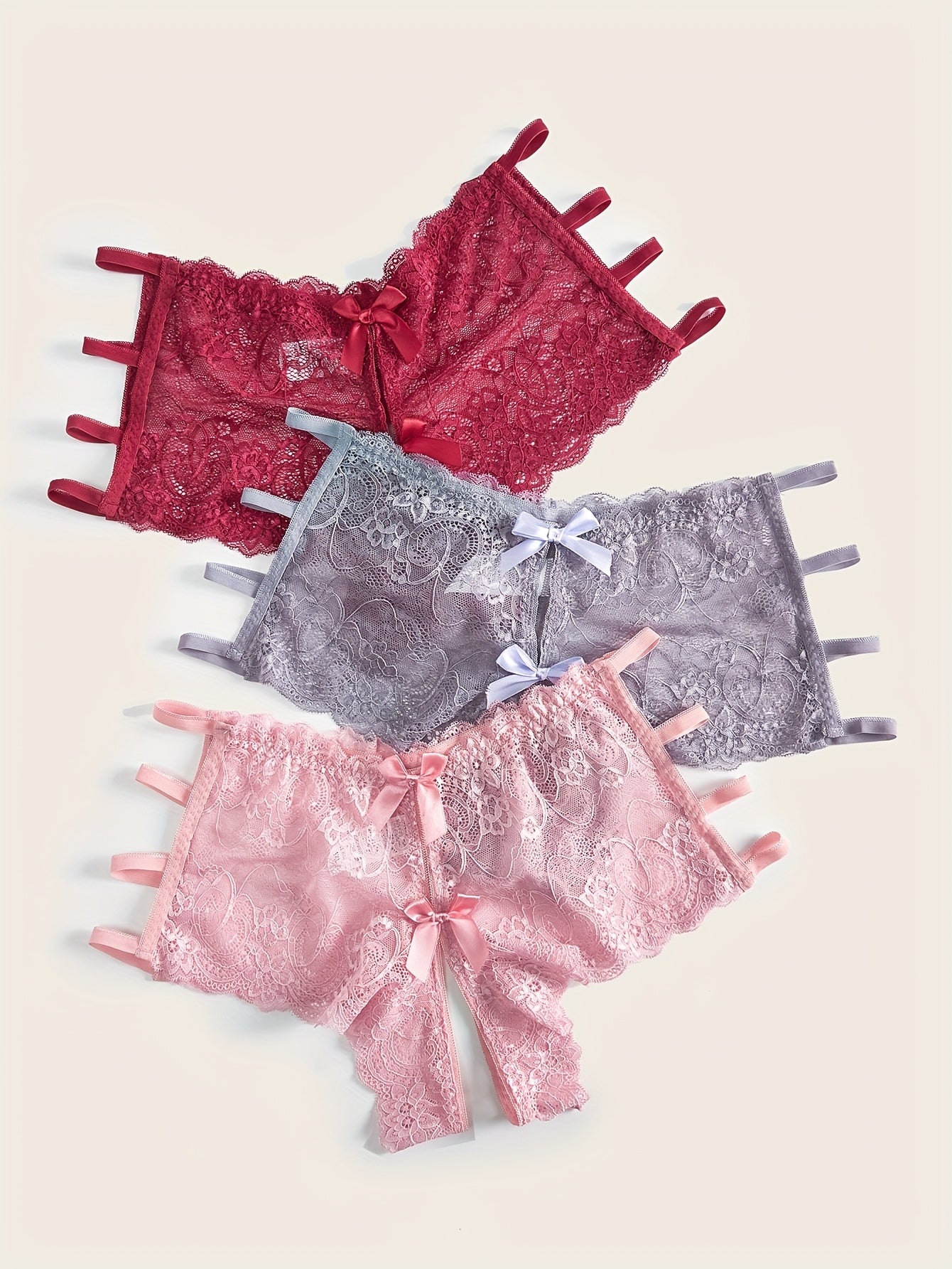 Женские кружевные трусы 3 шт. в упаковке, большие размеры, с открытым промежностью, цветочные узоры, черный, морской волны, красный