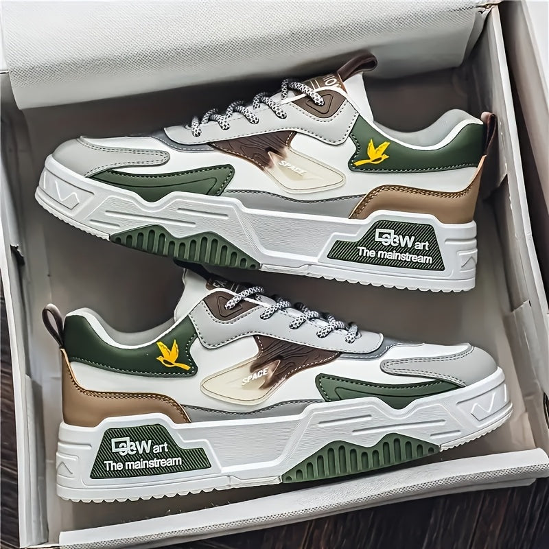 Men's Casual Sneakers with Thick Soles, Lace-Up, All-Season, Low Top, PU Upper