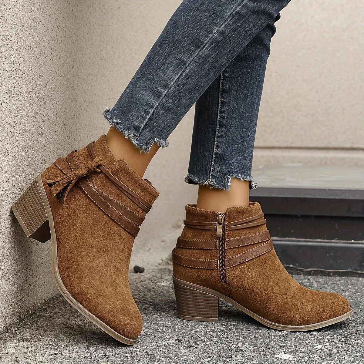 Women's Fabric Mid-Heel Ankle Boots with Tassel & Side Zipper