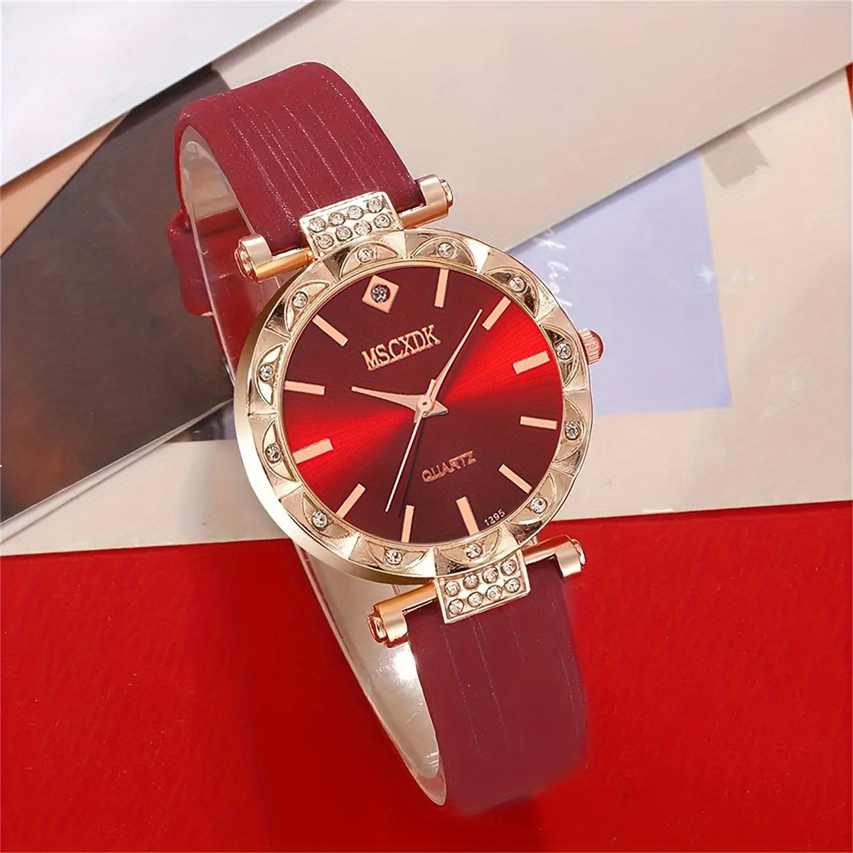 Ladies' Quartz Watch with Red Strap and Jewelry Set Including Necklace Earrings Ring