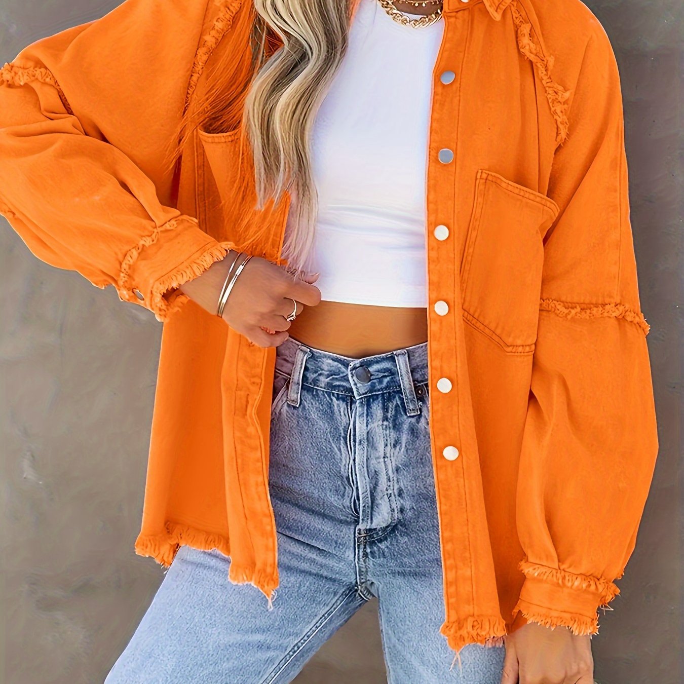 Plus Size Women's Denim Jacket Long Sleeve Button Up Fringe Trim