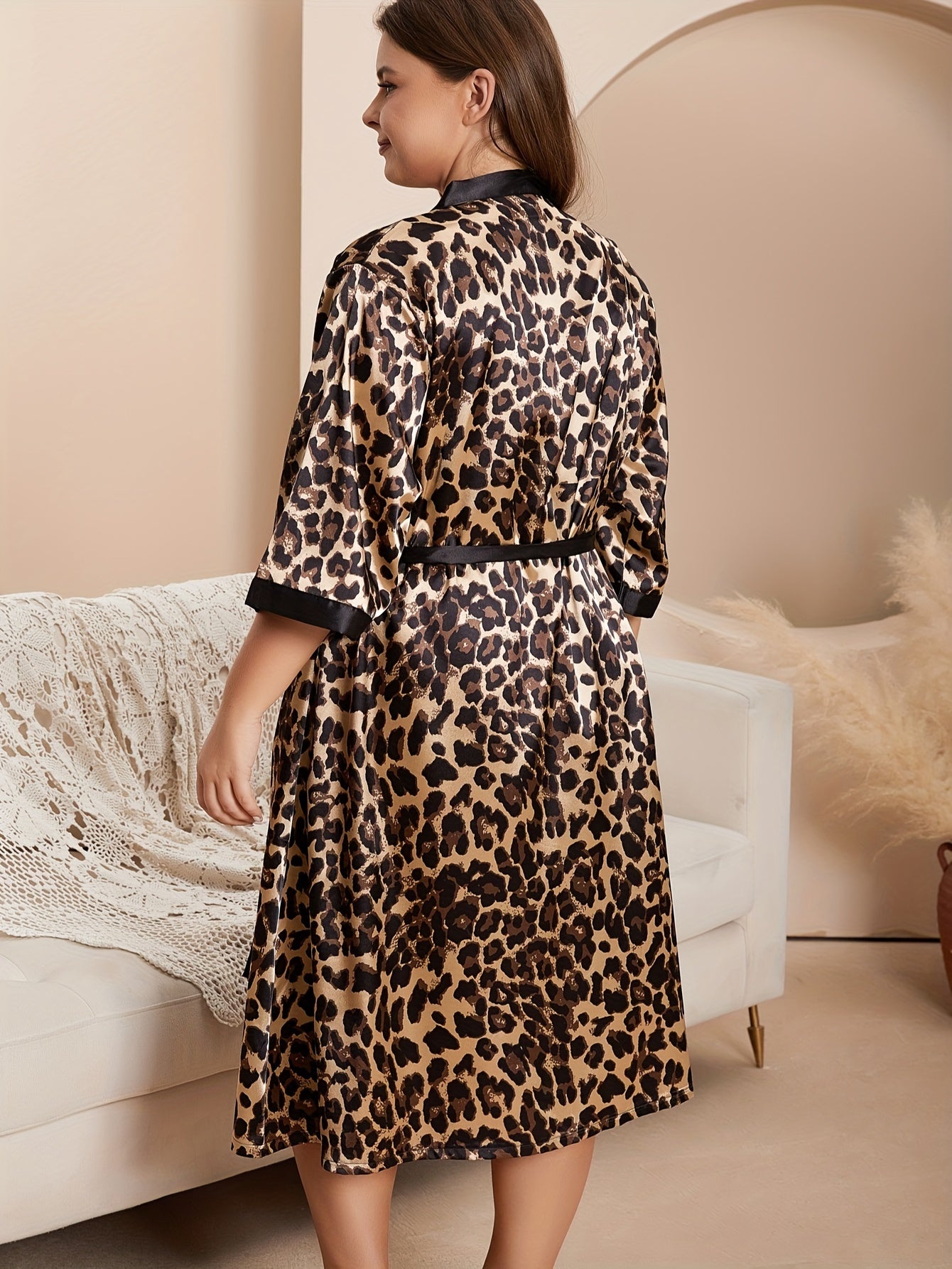 Plus Size Satin Leopard Print Pajama Set with Robe and Cami Dress