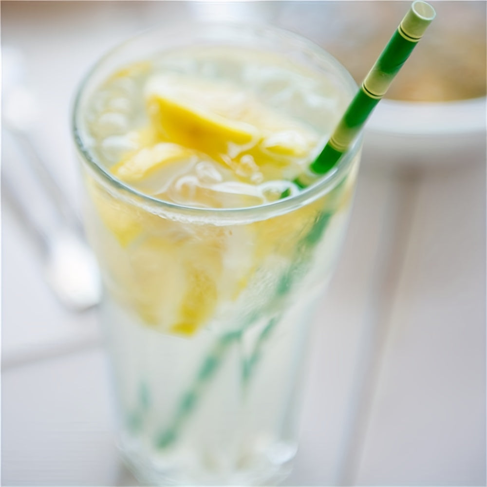 Set of 25 Green Bamboo Paper Straws with Yellow Stripes for Parties and Events