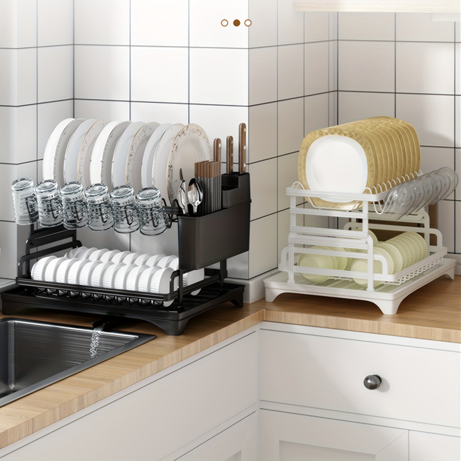 2-Tier Iron Dish Drying Rack with Drainboard Cutlery Holder and Glass Shelf